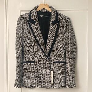 Zara Women’s Black & White Double Breasted Textured Blazer Size S NWT